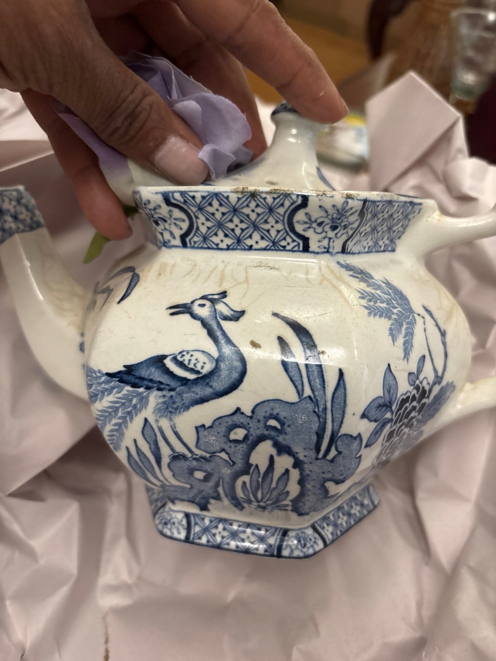 Antique Wood & Sons Yuan Blue & White Hexagonal Teapot English Pottery 1916